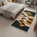 Orva rug with dark green, yellow and white geometric pattern beside a bed