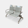 Silver Oryan two-seat waiting bench with perforated seats, armrests and curved legs