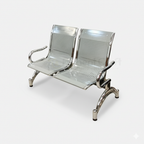 Silver Oryan two-seat waiting bench with perforated seats, armrests and curved legs
