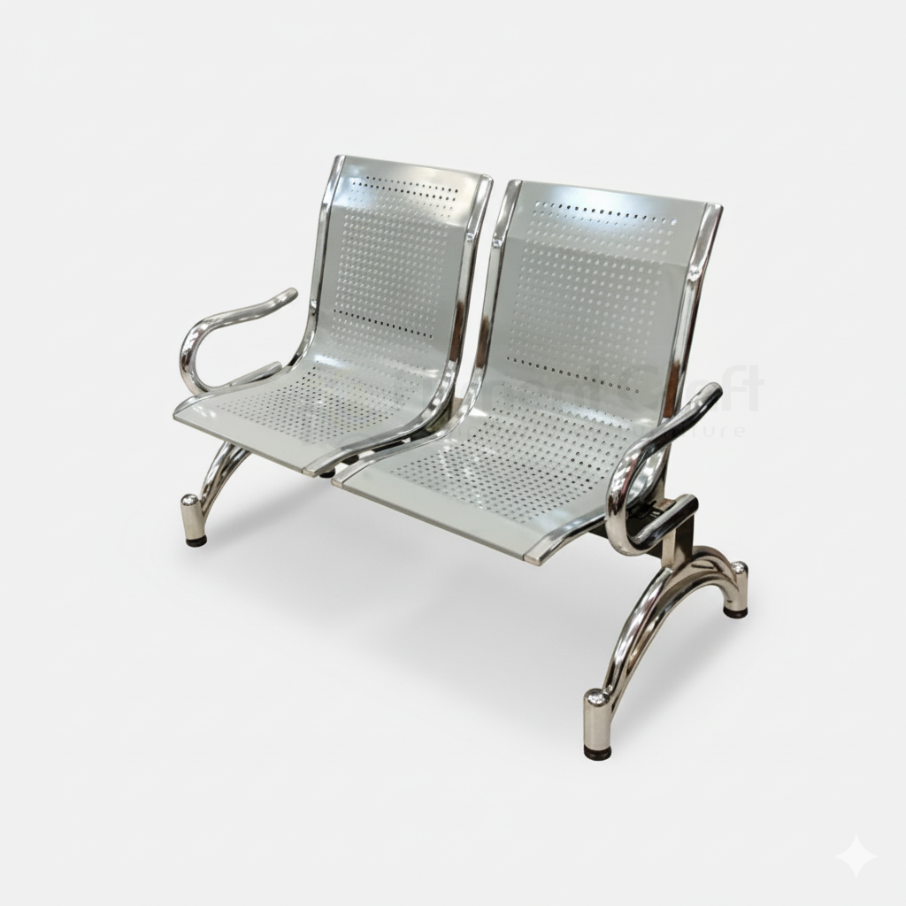 Silver Oryan two-seat waiting bench with perforated seats, armrests and curved legs