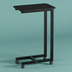 Black overbed table with caster wheels, front angled view