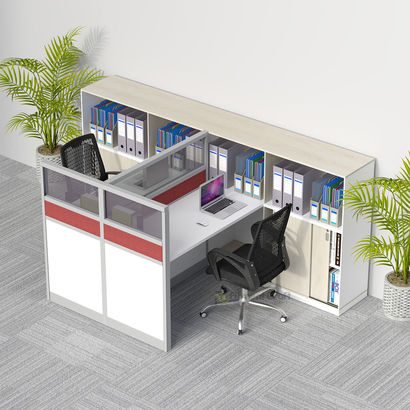 Pale CalmCube workstation pair with overhead bookshelves and red partition strips