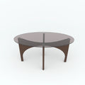 Parabola center table with round tinted top and curved brown base, front view