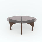 Parabola center table with round tinted top and curved brown base, front view