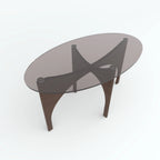 Parabola centre table angled overhead view showing oval top and crossed brown supports