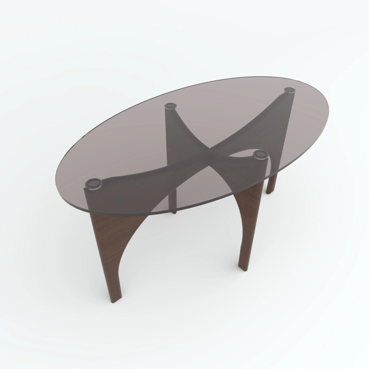 Parabola centre table angled overhead view showing oval top and crossed brown supports