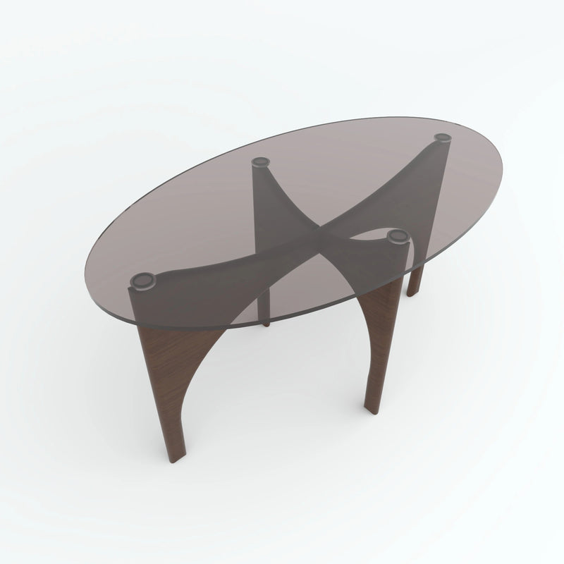 Parabola centre table angled overhead view showing oval top and crossed brown supports