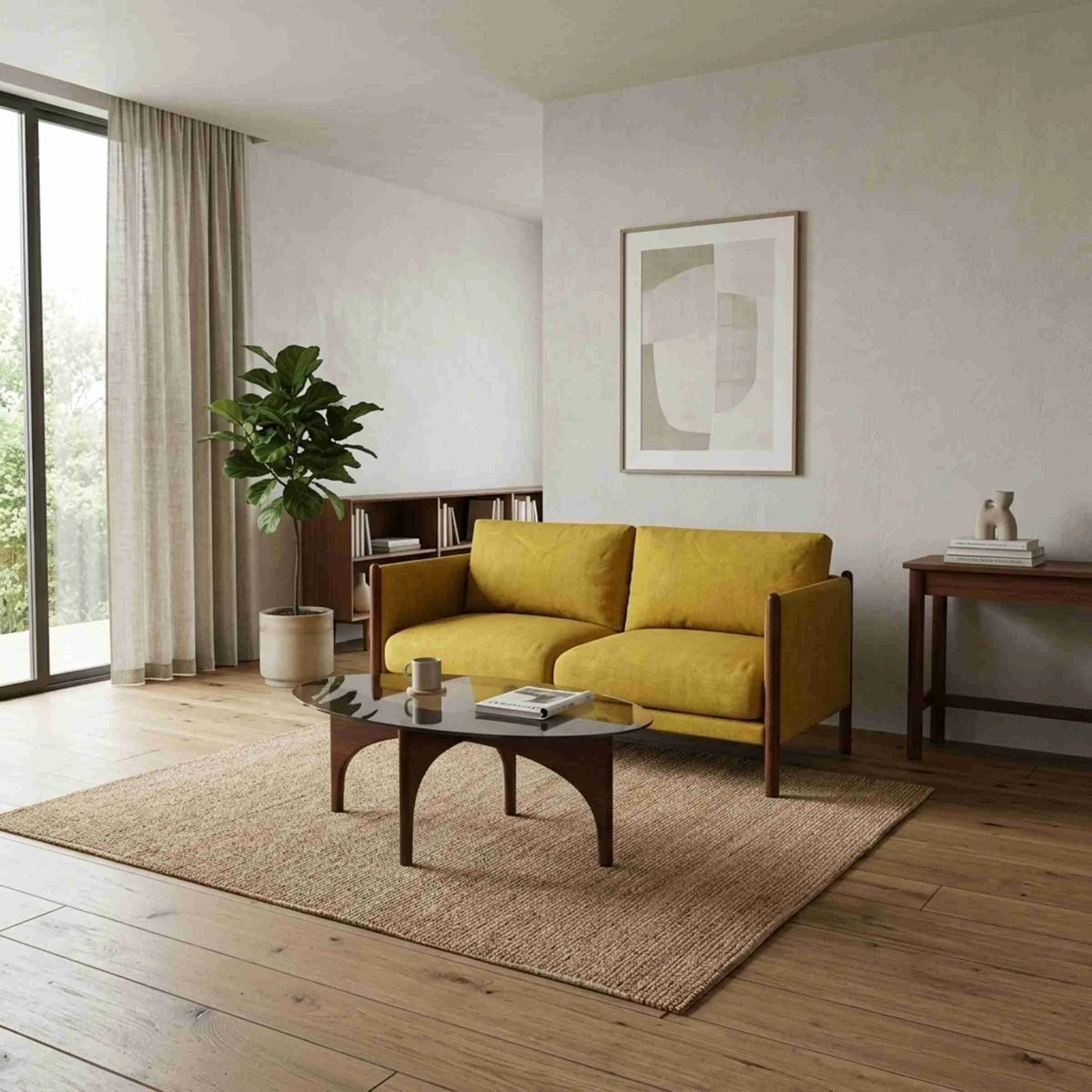 Parabola centre table with oval tinted top and brown curved supports in a living room