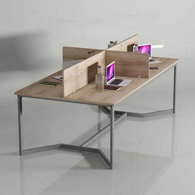 Parliament workstation with wood-tone desktops and cross dividers on a grey frame