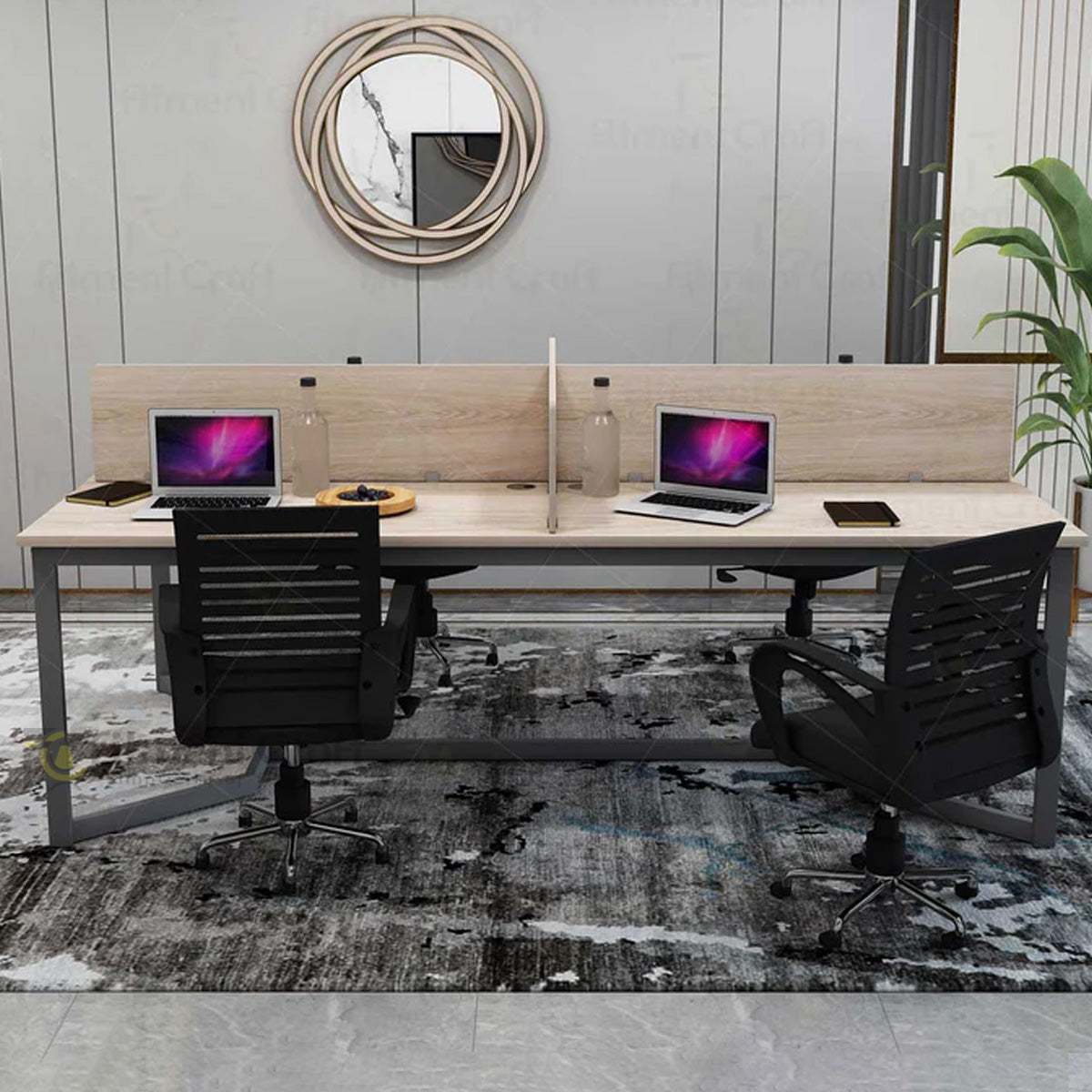Parliament workstation with wood-tone dividers and black chairs in an office, front view