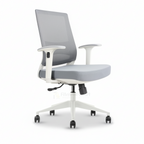 Grey Patio office chair with mesh back, white armrests and white wheeled base