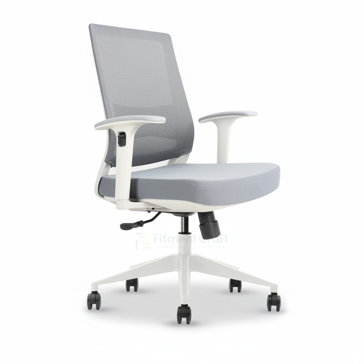 Grey Patio office chair with mesh back, white armrests and white wheeled base