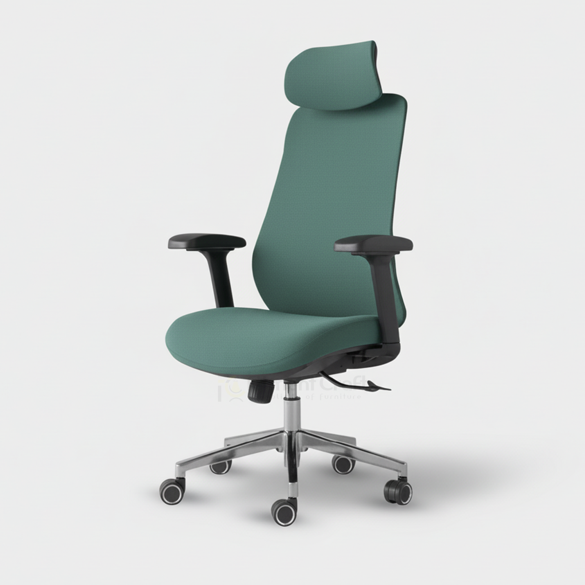 Green Pivot high-back office chair with headrest, armrests and silver wheeled base