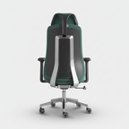 Rear view of green Pivot office chair showing headrest and central back support