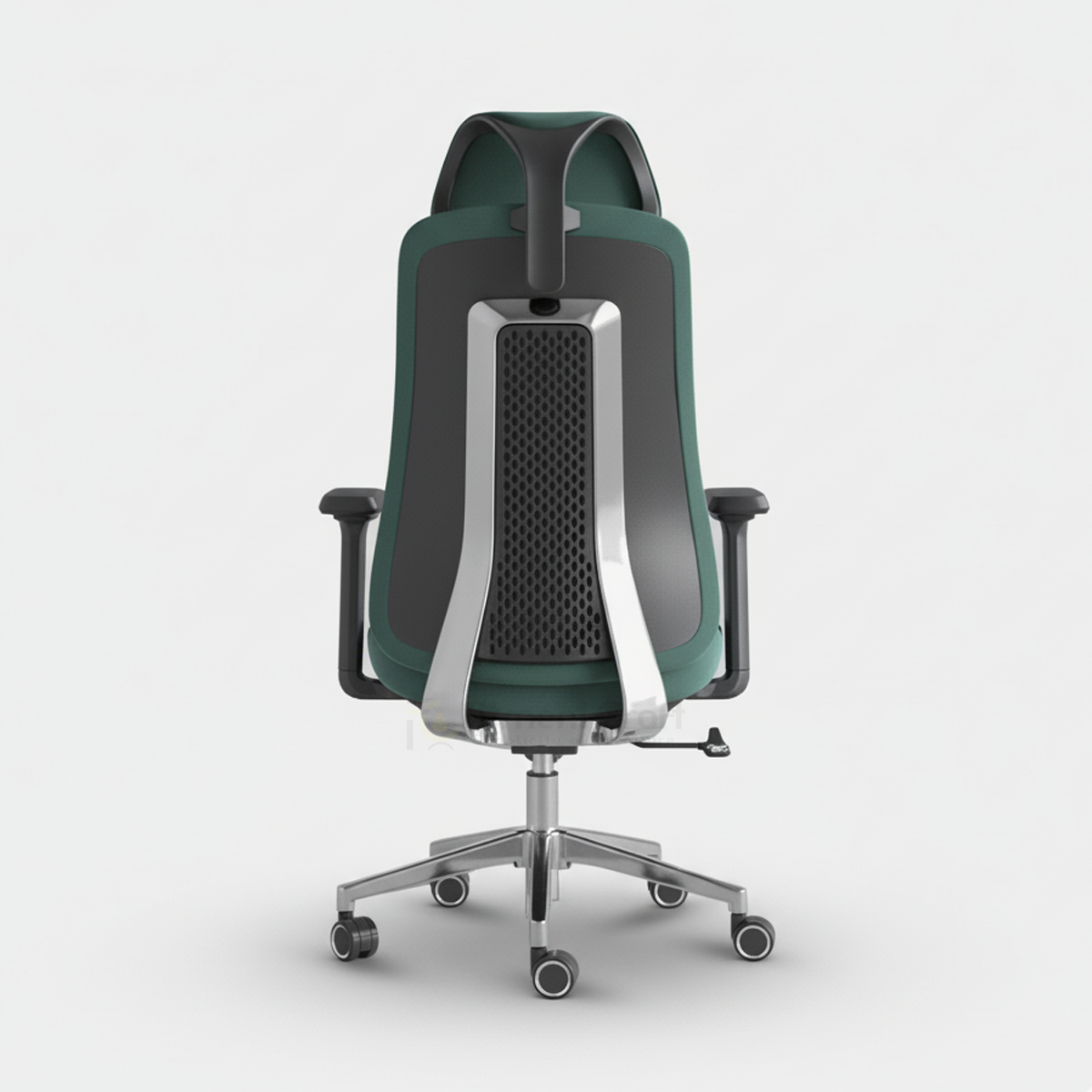 Rear view of green Pivot office chair showing headrest and central back support