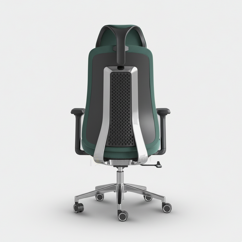 Rear view of green Pivot office chair showing headrest and central back support