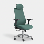 Green Pivot high-back office chair with headrest and silver wheeled base