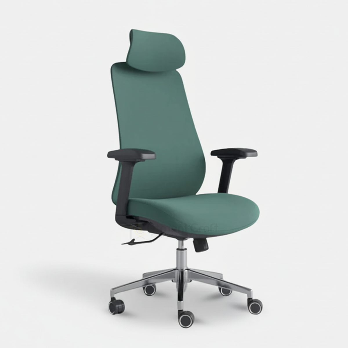 Green Pivot high-back office chair with headrest and silver wheeled base