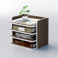 Brown and white Planify file holder with stacked trays holding books and files