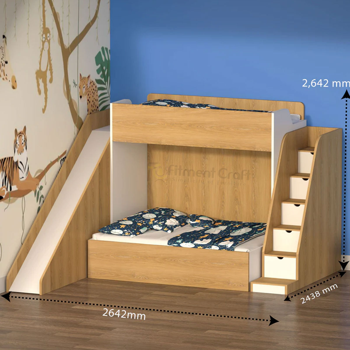 Playful bunk bed with slide, storage stairs and dimension annotations
