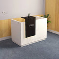 White Pleasing reception counter with tall dark central panel and illuminated border