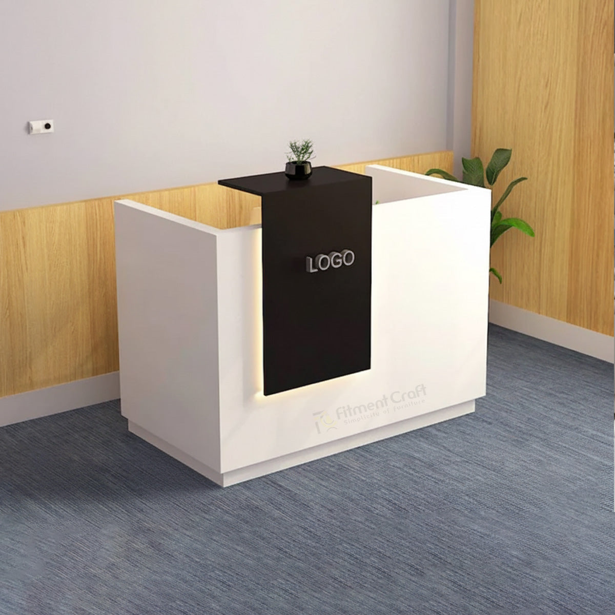 White Pleasing reception counter with tall dark central panel and illuminated border