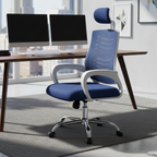 Blue Postura office chair with white arms and headrest beside a desk
