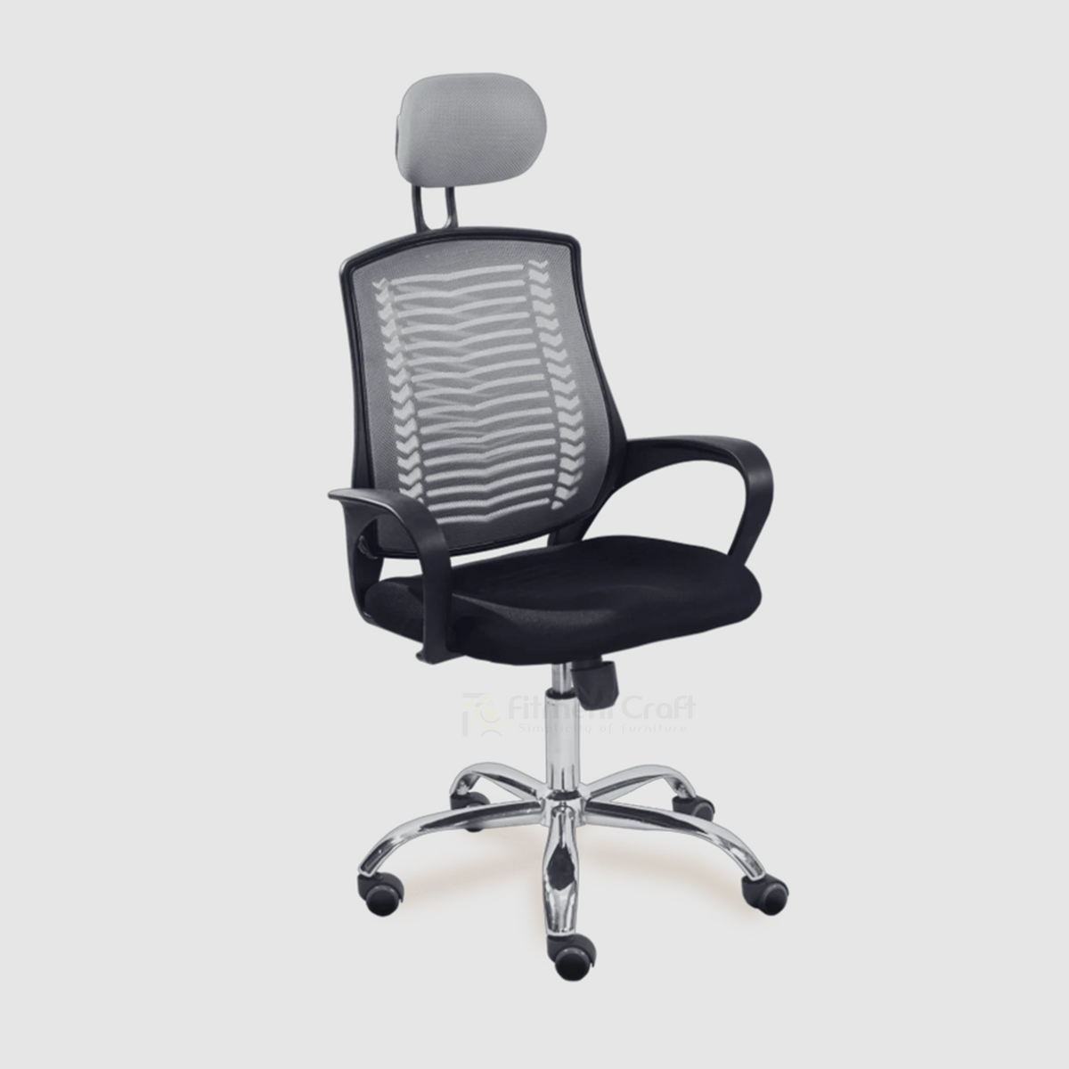 Grey Postura office chair with mesh back, headrest and black seat