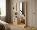 VaniBox Dressing Table with a full-length rectangular mirror and three-drawer cabinet beside a bedroom window.