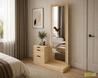 VaniBox Dressing Table with a full-length rectangular mirror and three-drawer cabinet beside a bedroom window.