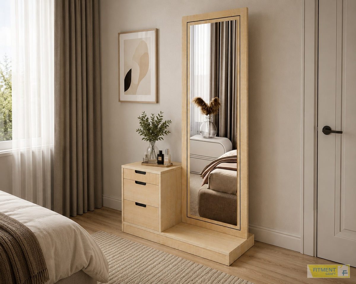 VaniBox Dressing Table with a full-length rectangular mirror and three-drawer cabinet beside a bedroom window.
