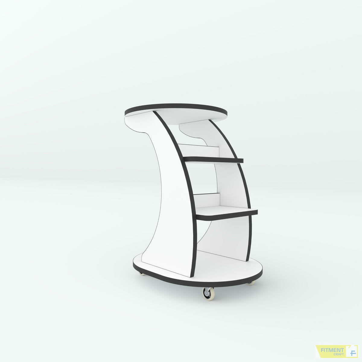 Wagon center table in white with black edging, two open shelves and caster wheels, angled view