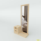 VaniBox Dressing Table in a light wood-grain finish, with a tall mirror and three drawers on a shared base.