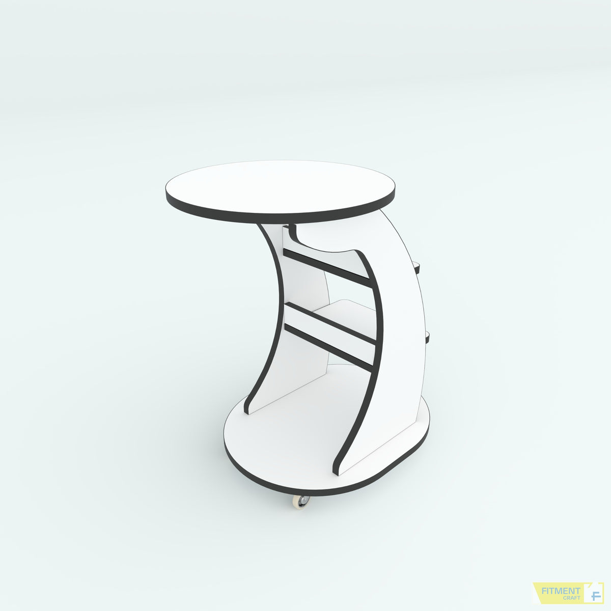 Wagon center table in white with black edging, curved side panels and caster wheels, rear angled view