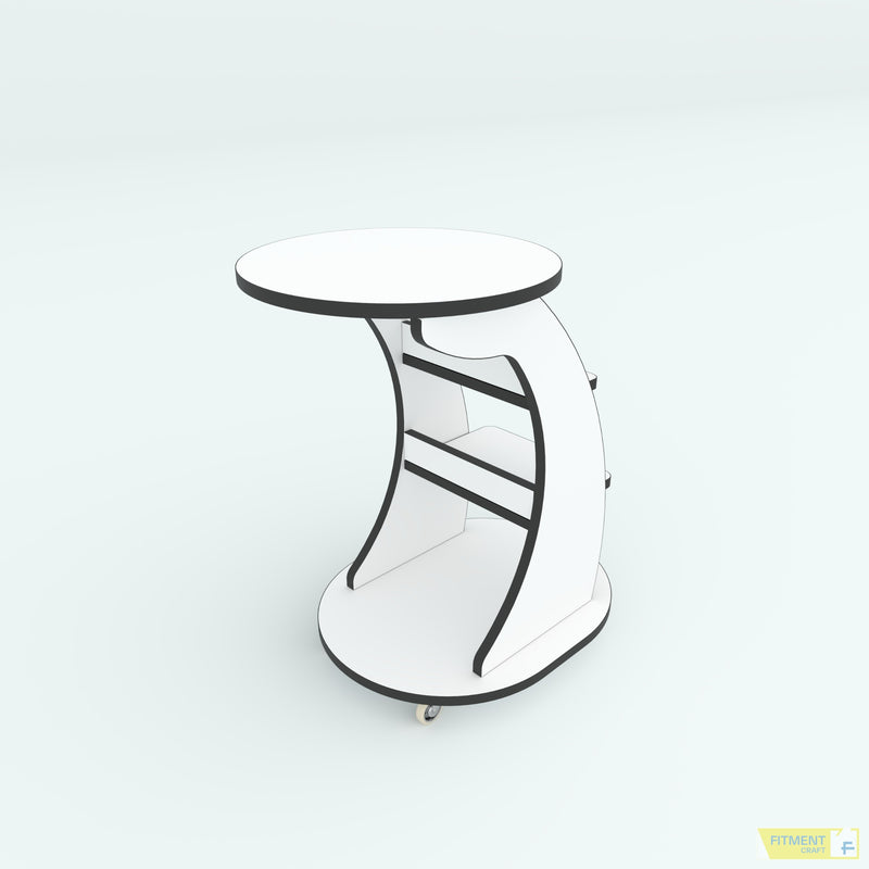 Wagon center table in white with black edging, curved side panels and caster wheels, rear angled view