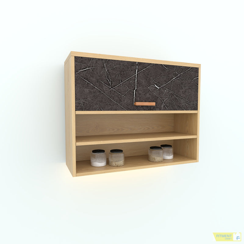 Angled Jasmine kitchen wall cabinet with open shelves, solid upper door and strip light