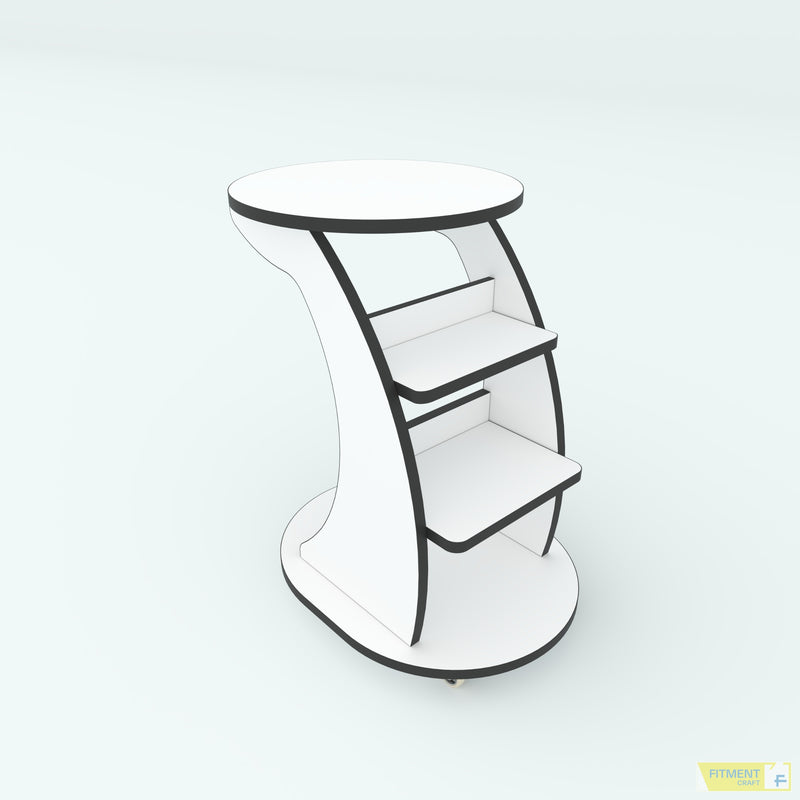 Wagon center table in white with black edging, viewed from above to show its round top and two shelves
