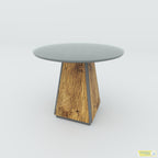 Prism coffee table with a round glass top and tapered light wood-tone pedestal, angled view