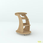 Wagon center table in a light brown wood-grain finish with two open shelves and caster wheels, angled view