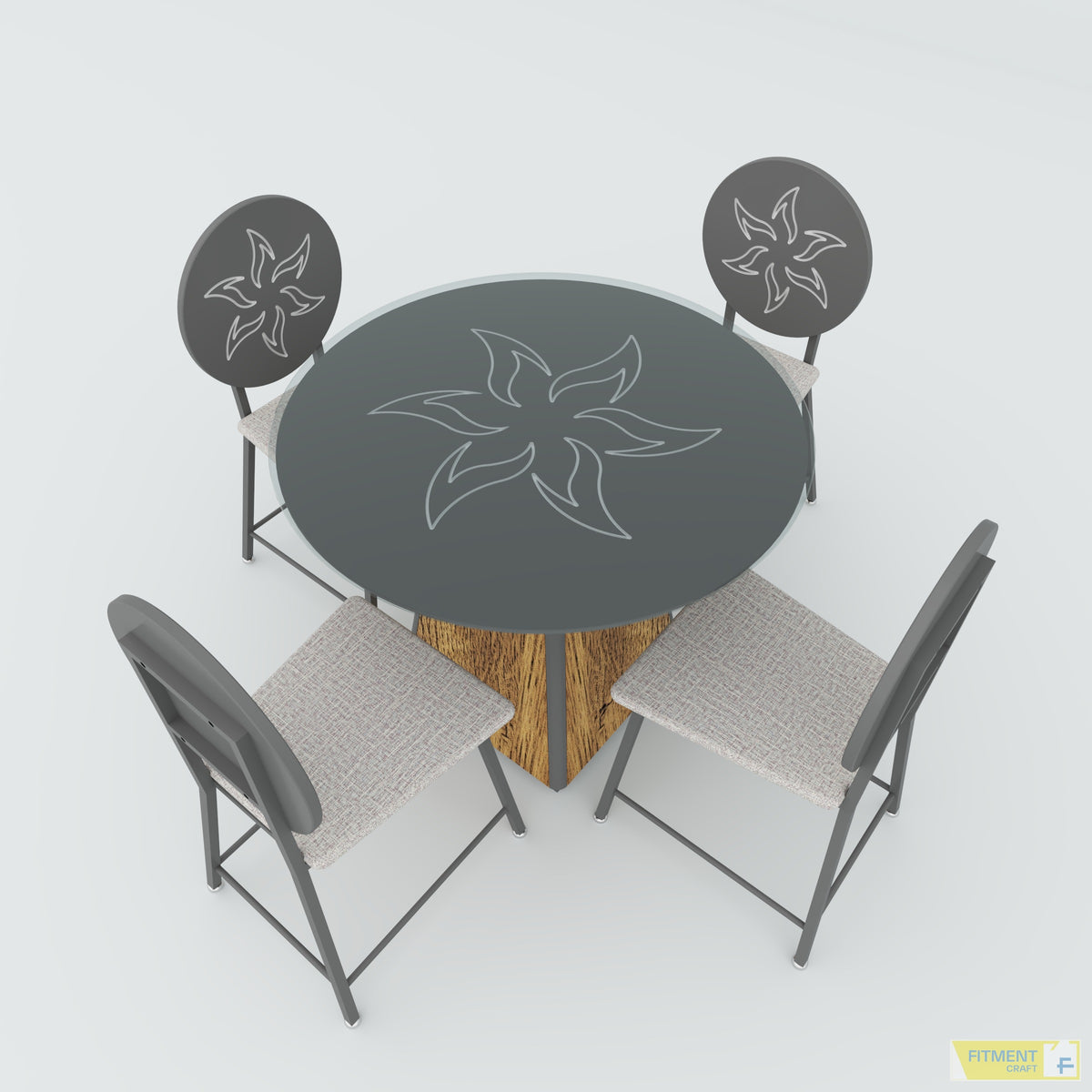 Overhead view of round Prism coffee table with floral tabletop design and four chairs