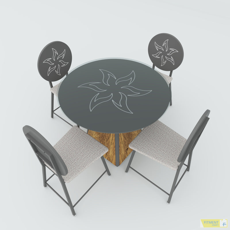 Overhead view of round Prism coffee table with floral tabletop design and four chairs