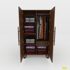 Haze cupboard cabinet with both doors open, showing shelves, hanging clothes and two small internal drawers