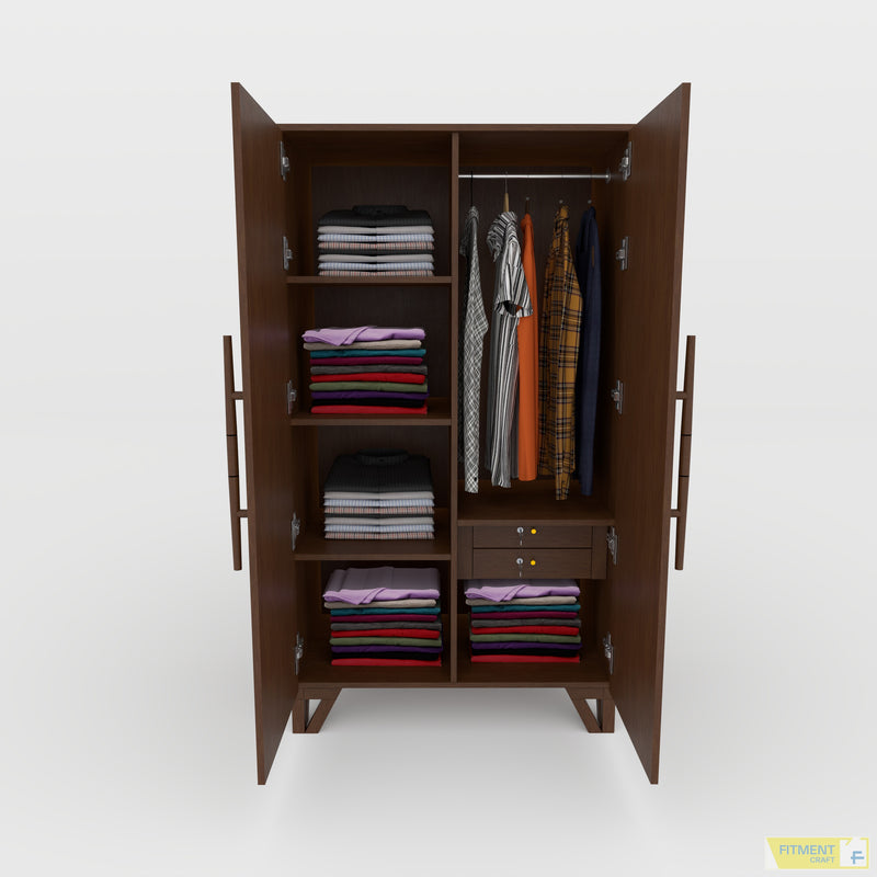 Haze cupboard cabinet with both doors open, showing shelves, hanging clothes and two small internal drawers