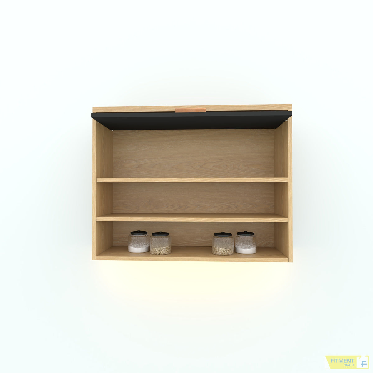 Front view of the Jasmine kitchen wall cabinet with open shelves and raised solid door