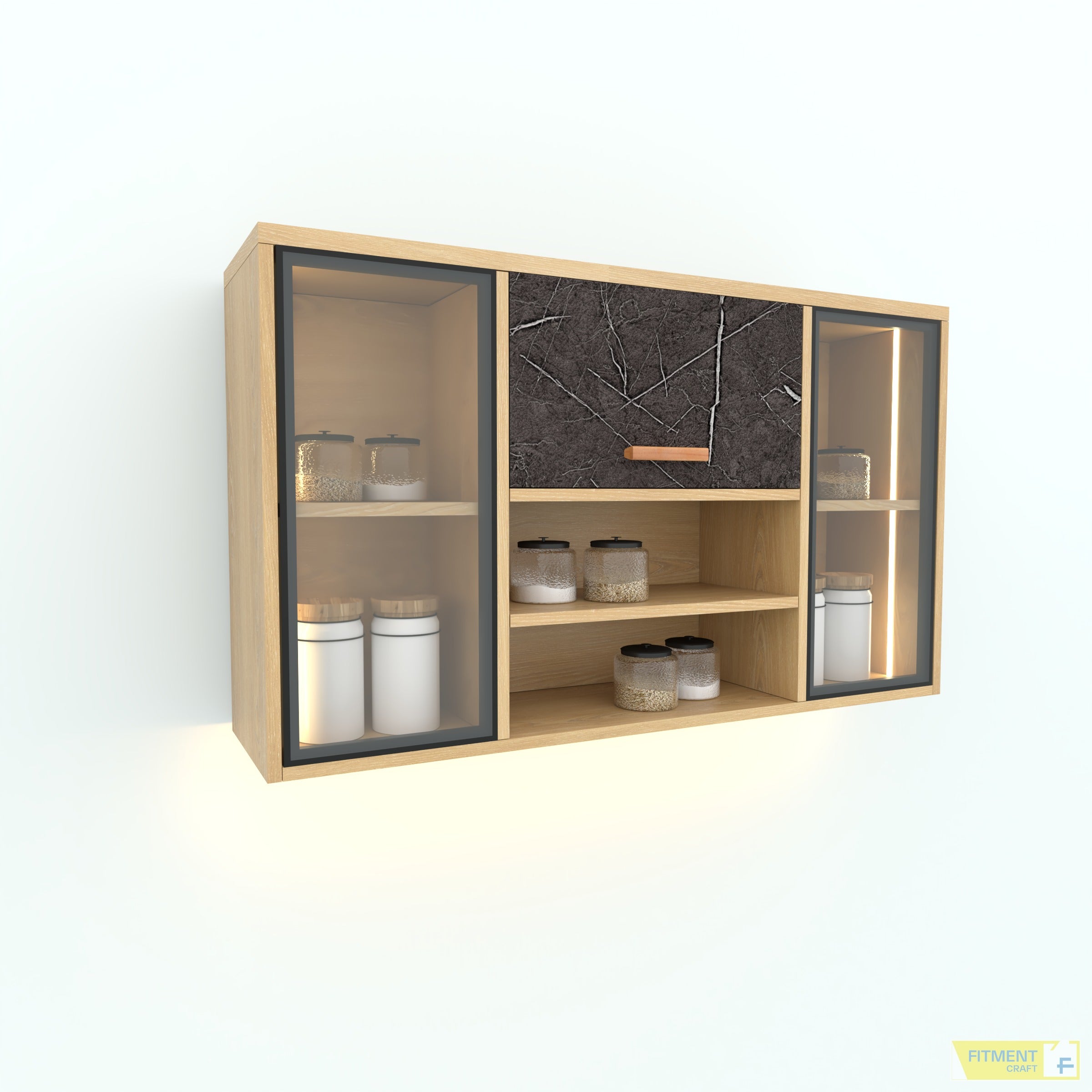 Jasmine kitchen Hanging Cabinet - Red-Oak, Black & Glass - image 4