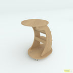 Wagon center table in a light brown wood-grain finish with curved sides and a round top, rear angled view