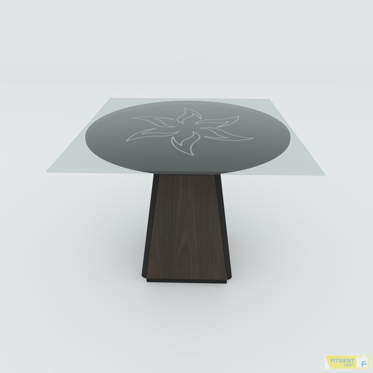 Front view of Prism coffee table with a square glass top, circular floral design and dark tapered pedestal