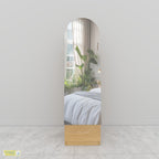 Modern white bedroom dresser with full-length mirror and wooden drawer base