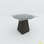 Angled Prism coffee table with a square glass top, circular floral design and dark tapered pedestal
