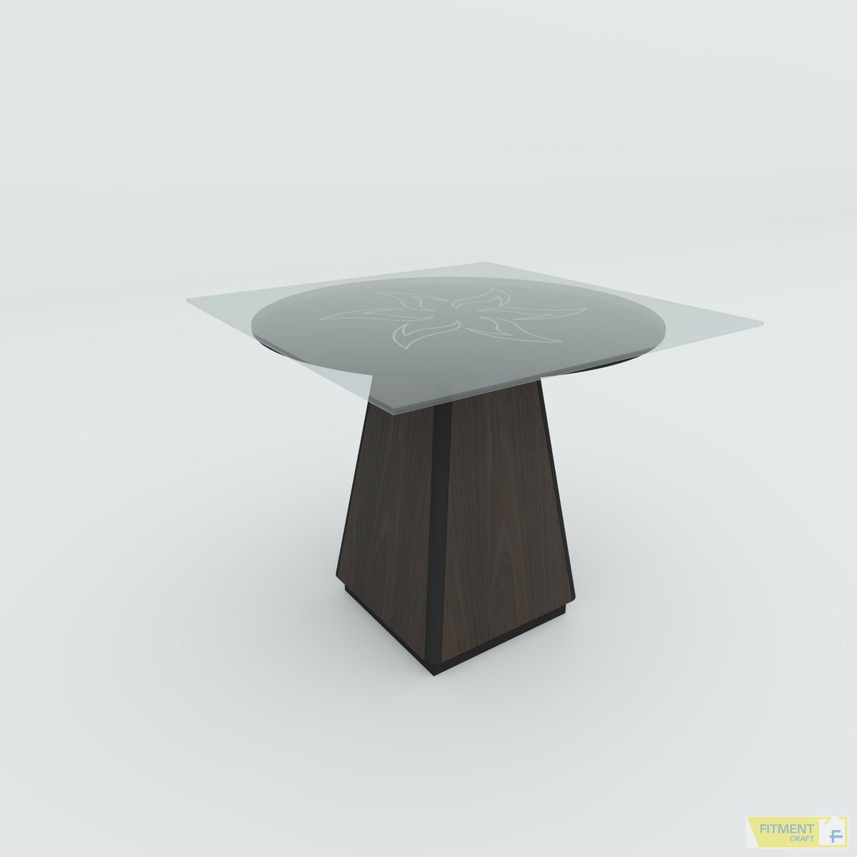 Angled Prism coffee table with a square glass top, circular floral design and dark tapered pedestal